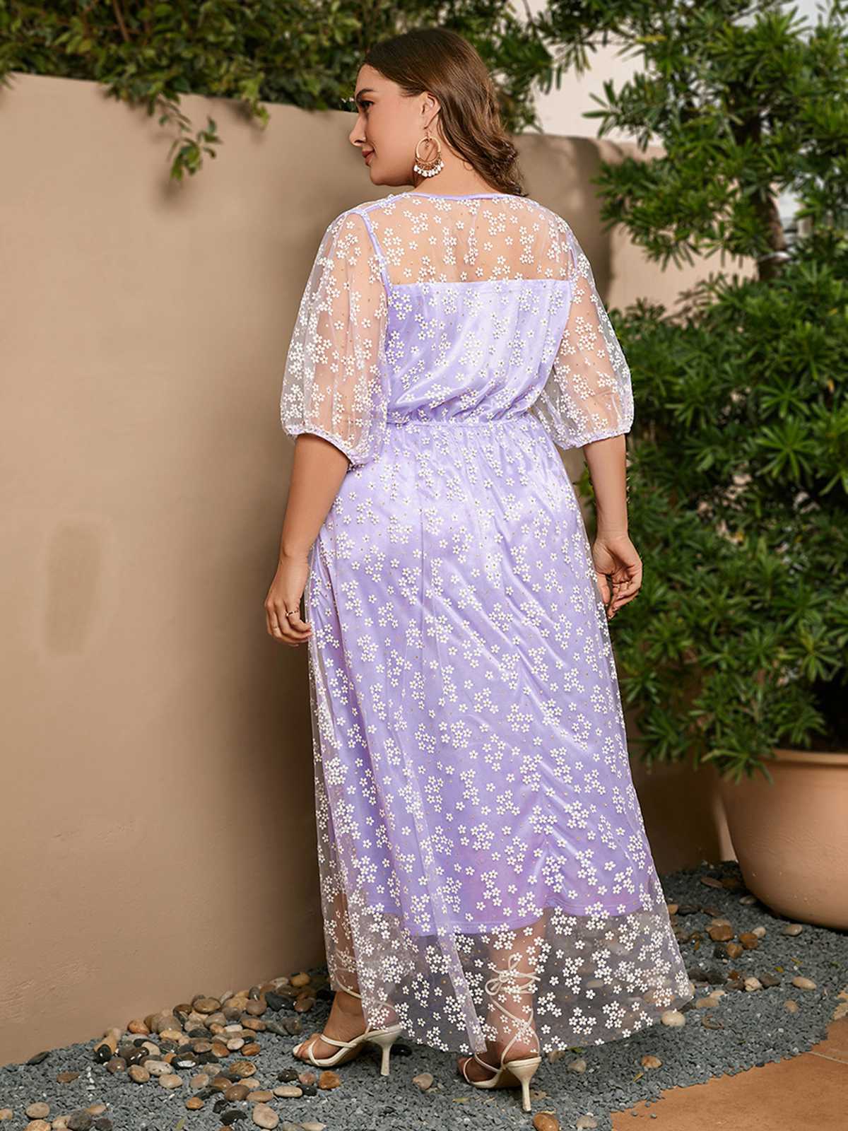 [Plus Size] Lavender 1950s Mesh Flower Embroidered Dress - Image 3