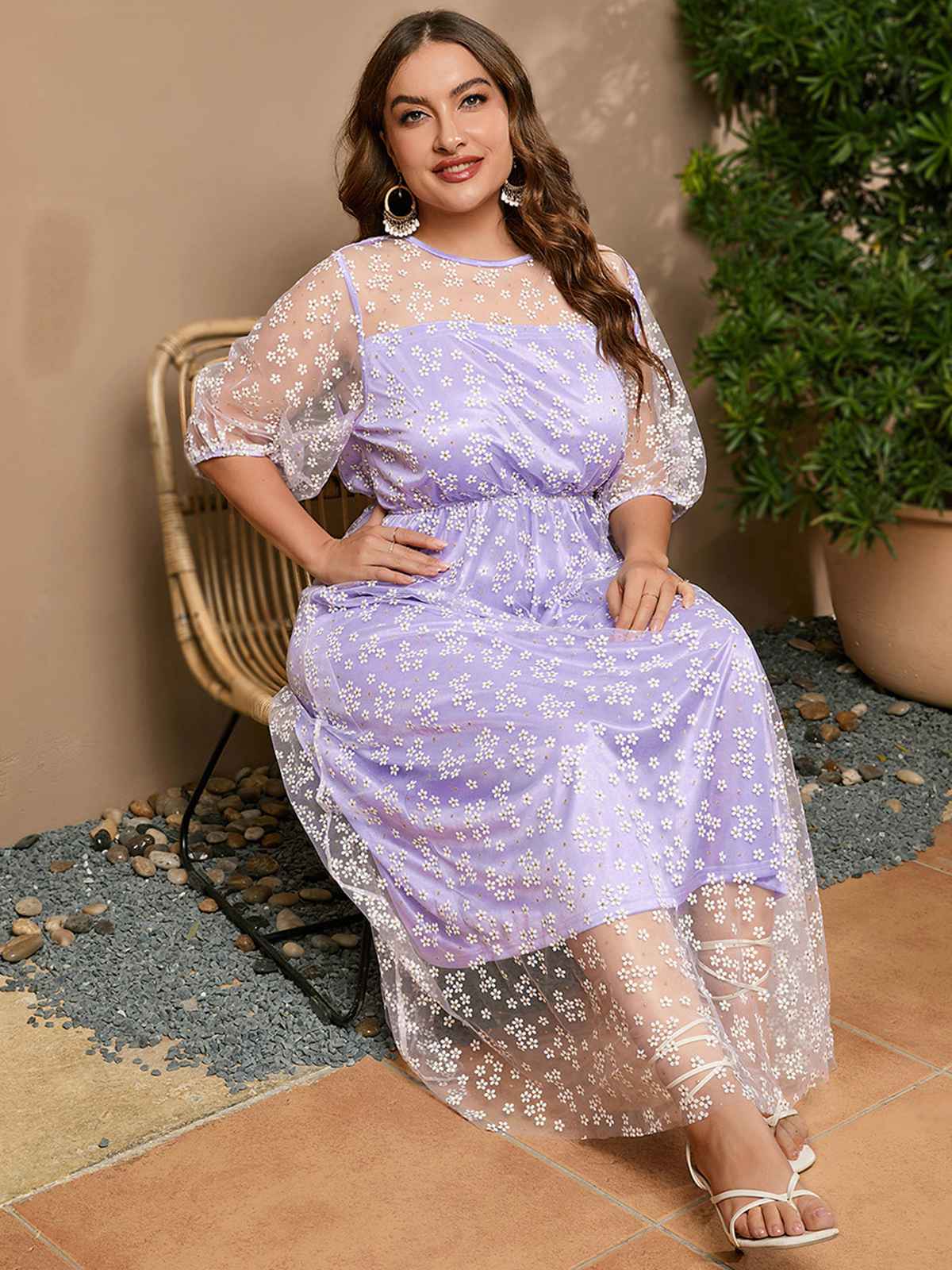 [Plus Size] Lavender 1950s Mesh Flower Embroidered Dress - Image 4