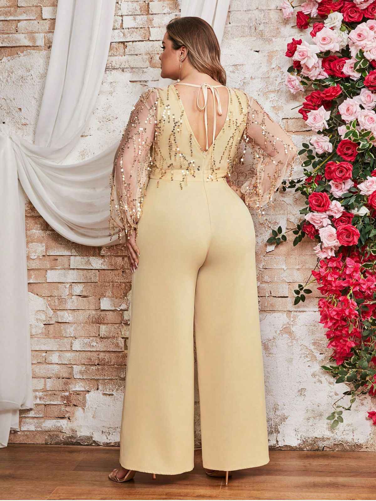 [Plus Size] Light Yellow 1980s Sequined Tassel Mesh Bow Jumpsuit - Image 2