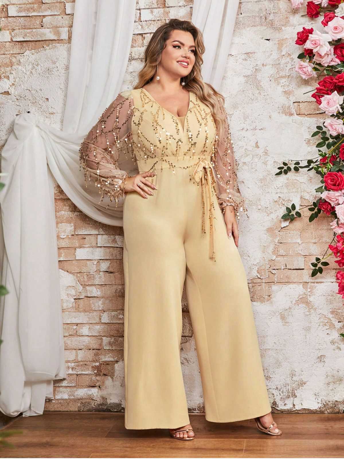 [Plus Size] Light Yellow 1980s Sequined Tassel Mesh Bow Jumpsuit - Image 3