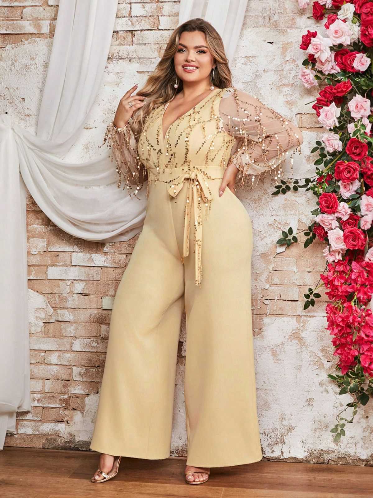 [Plus Size] Light Yellow 1980s Sequined Tassel Mesh Bow Jumpsuit - Image 4