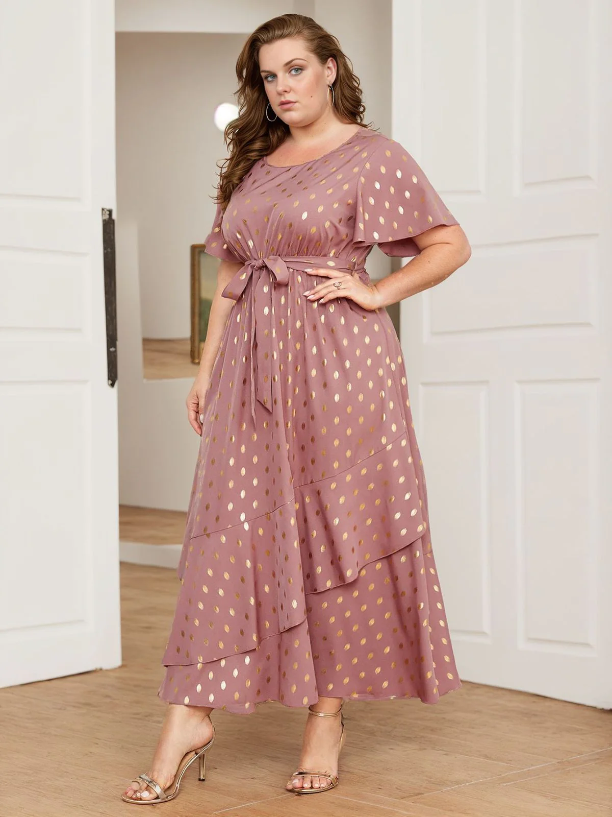 [Plus Size] Lotus Pink 1930s Bronzing Polka Dot Waist Dress - Image 3