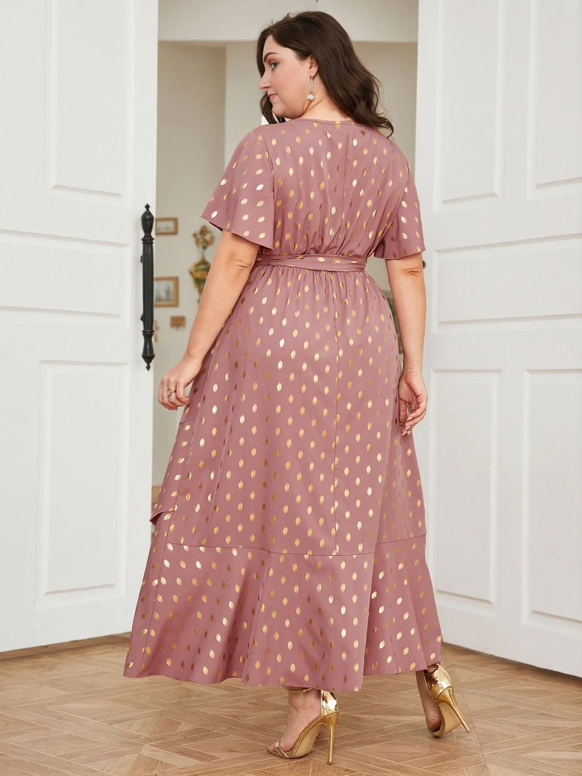 [Plus Size] Lotus Pink 1930s Bronzing Polka Dot Waist Dress - Image 4