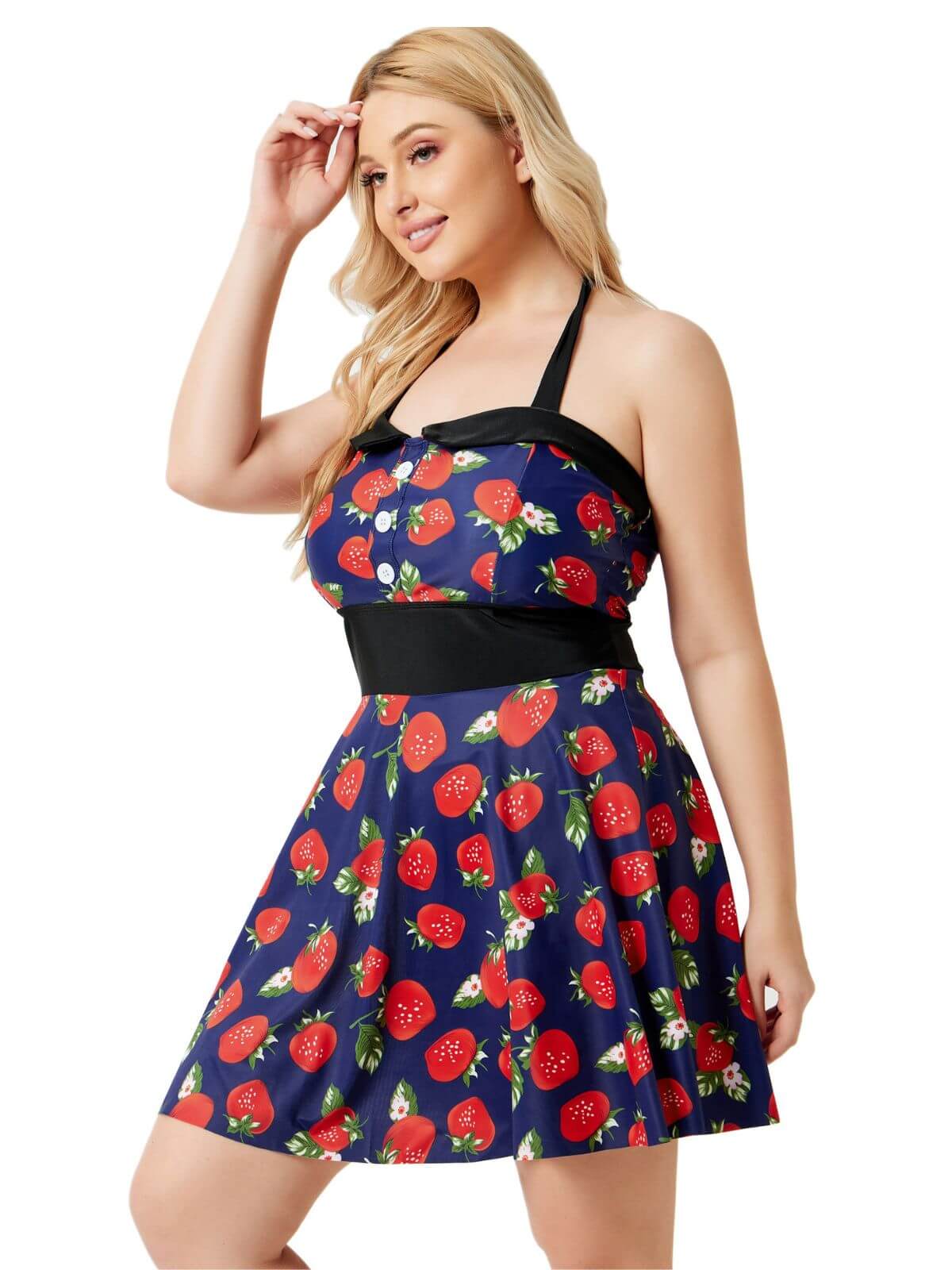 [Plus Size] Multicolor 1930s Colorblocked Strawberry Halter Swimsuit - Image 3