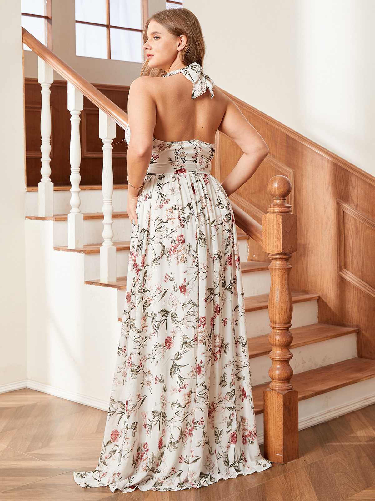 [Plus Size] Multicolor 1930s Rose Cross Halter Maxi Dress - Image 3
