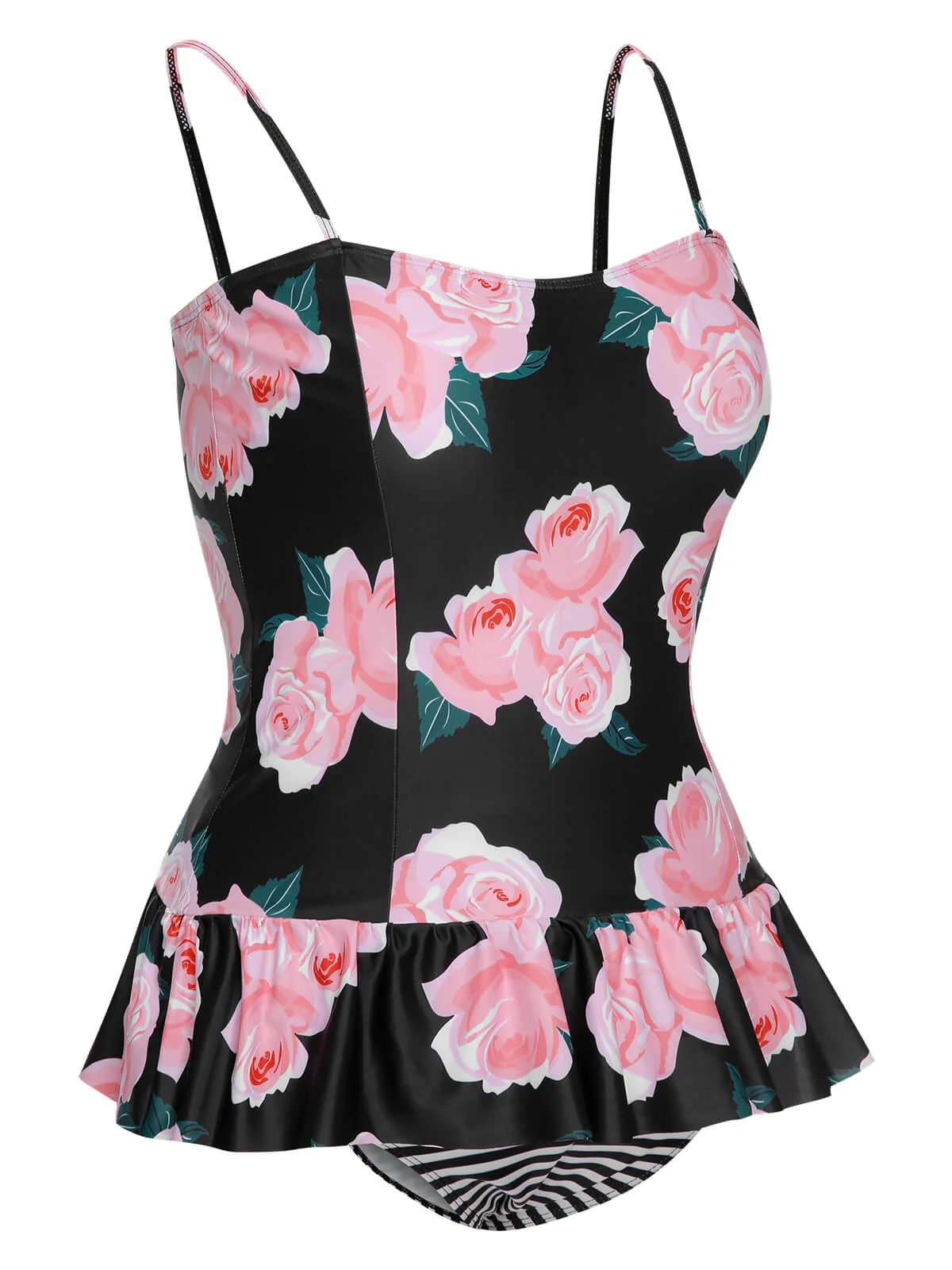 [Plus Size] Multicolor 1930s Ruffled Hem Printed Swimsuit - Image 3