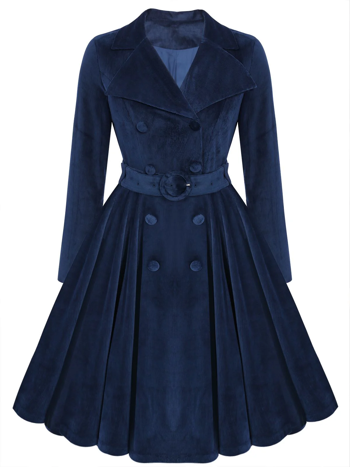 [Plus Size] Navy Blue 1950s Corduroy Long Coat - Image 2