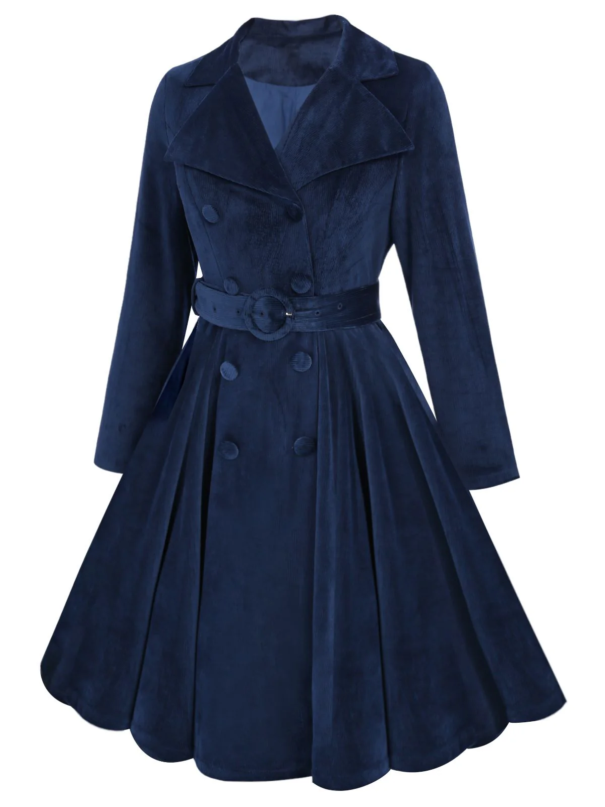 [Plus Size] Navy Blue 1950s Corduroy Long Coat - Image 3