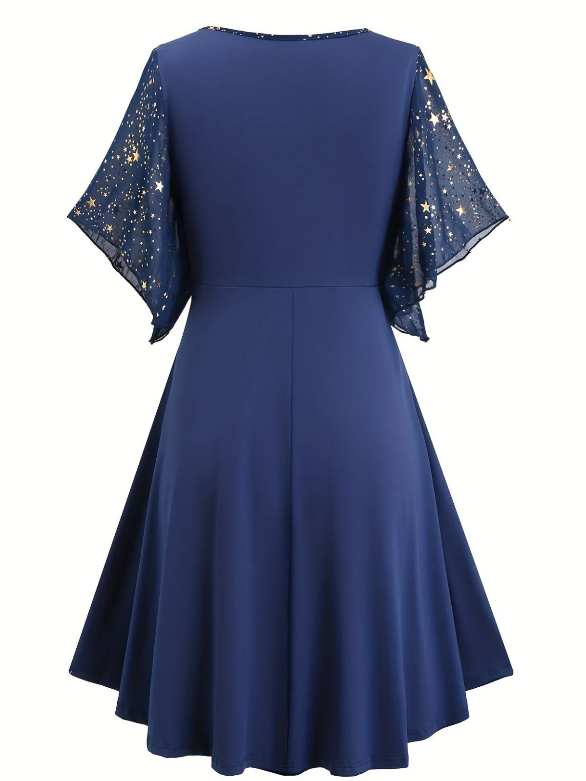 [Plus Size] Navy Blue 1970s Star Print Ruffle Flounce Sleeve Dress - Image 2
