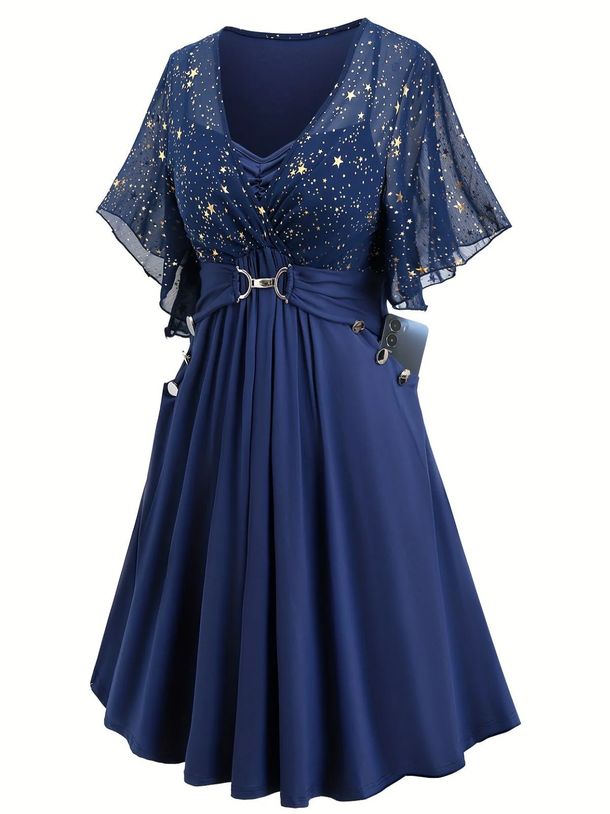[Plus Size] Navy Blue 1970s Star Print Ruffle Flounce Sleeve Dress - Image 3