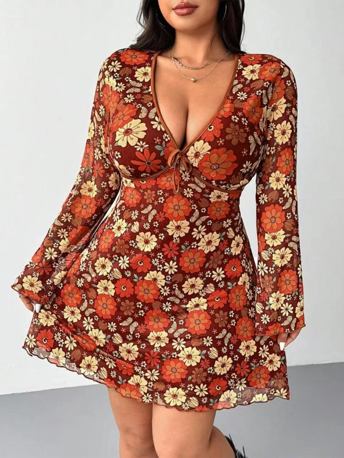 [Plus Size] Orange 1960s V-Neck Floral Dress - Image 2