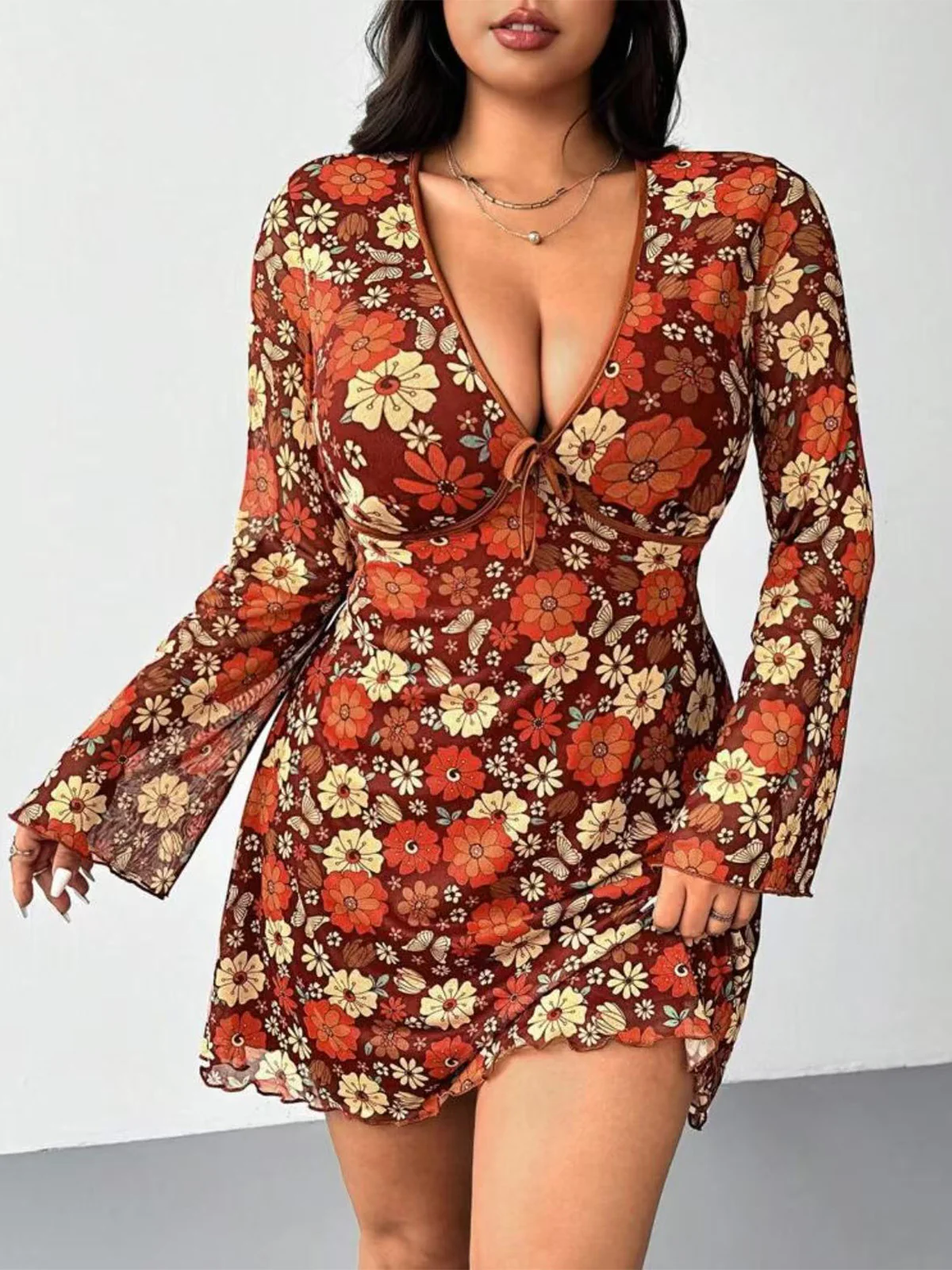 [Plus Size] Orange 1960s V-Neck Floral Dress - Image 3