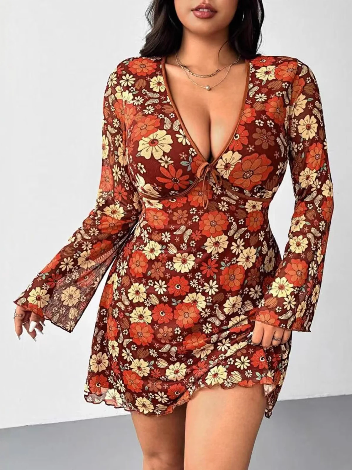 [Plus Size] Orange 1960s V-Neck Floral Dress - Image 5