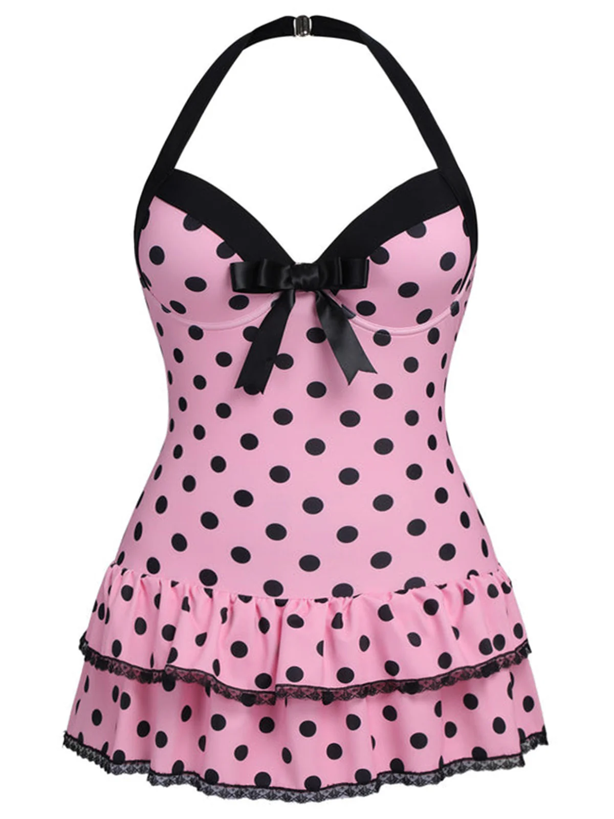 [Plus Size] Pink 1940s Polka Dots Hater Swimsuit - Image 2