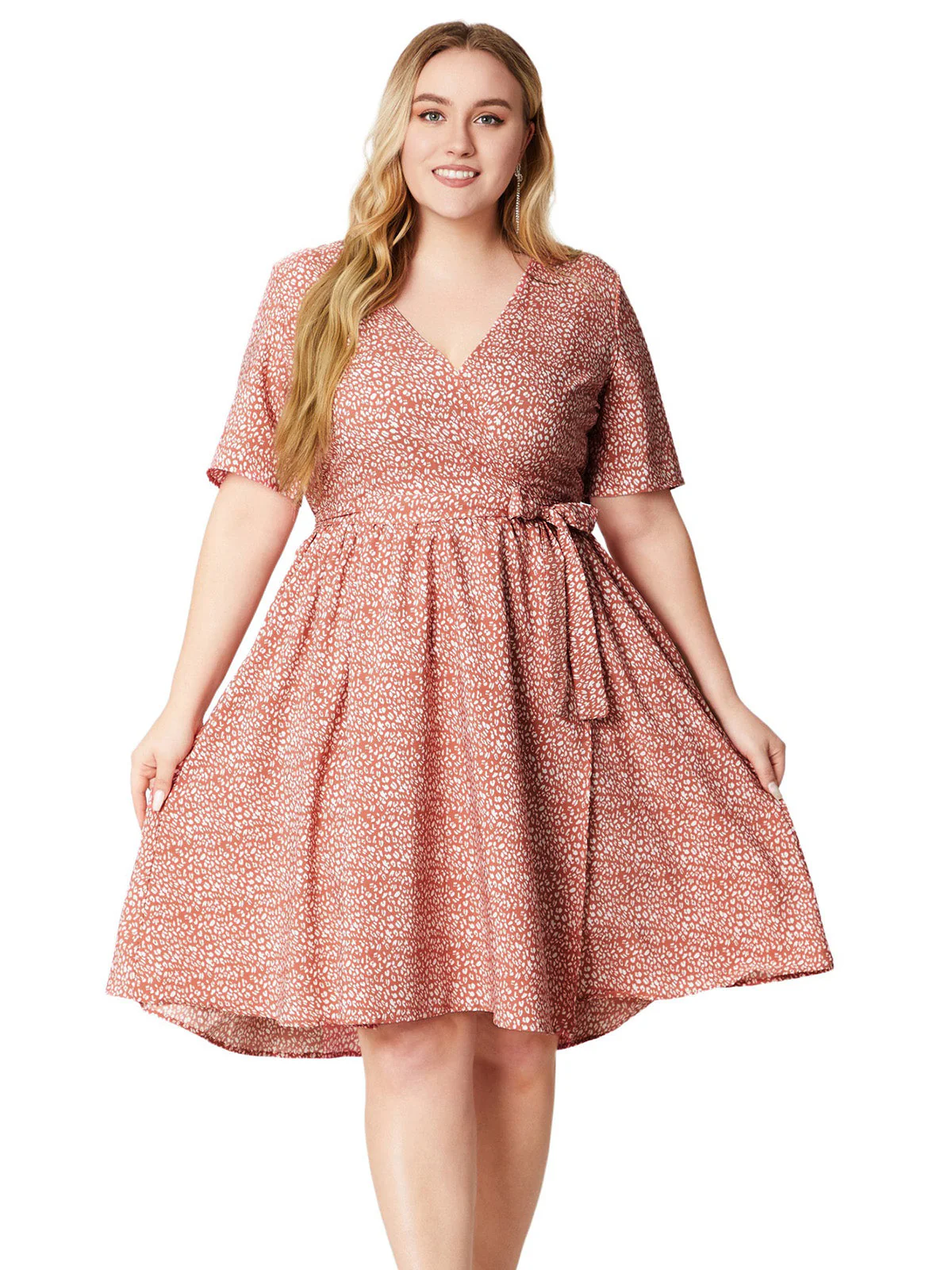 [Plus Size] Pink 1940s V-Neck Floral Pocketed Wrap Dress - Image 3