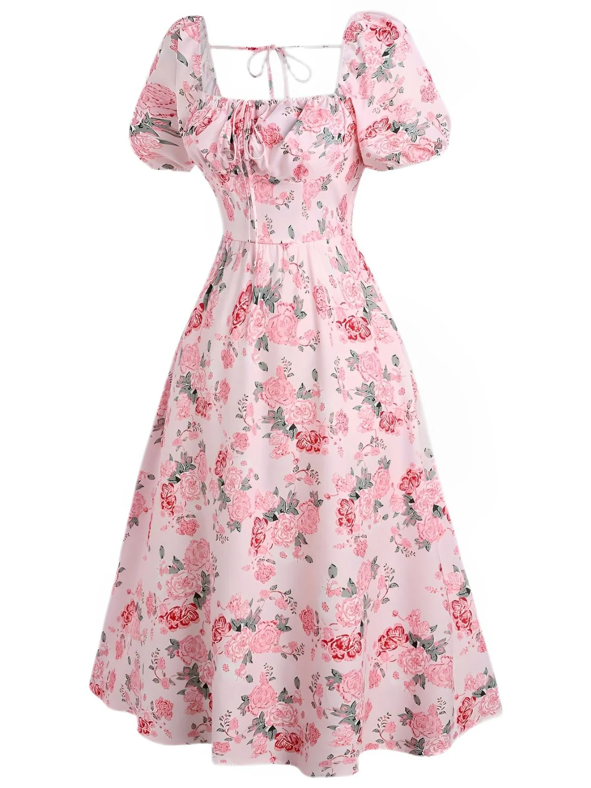 [Plus Size] Pink 1950s Square Neck Floral Dress - Image 2