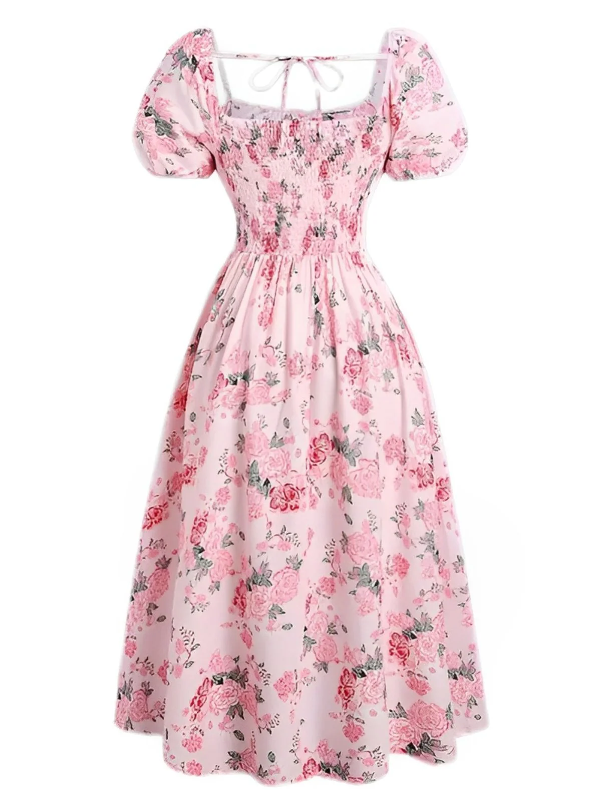 [Plus Size] Pink 1950s Square Neck Floral Dress - Image 3