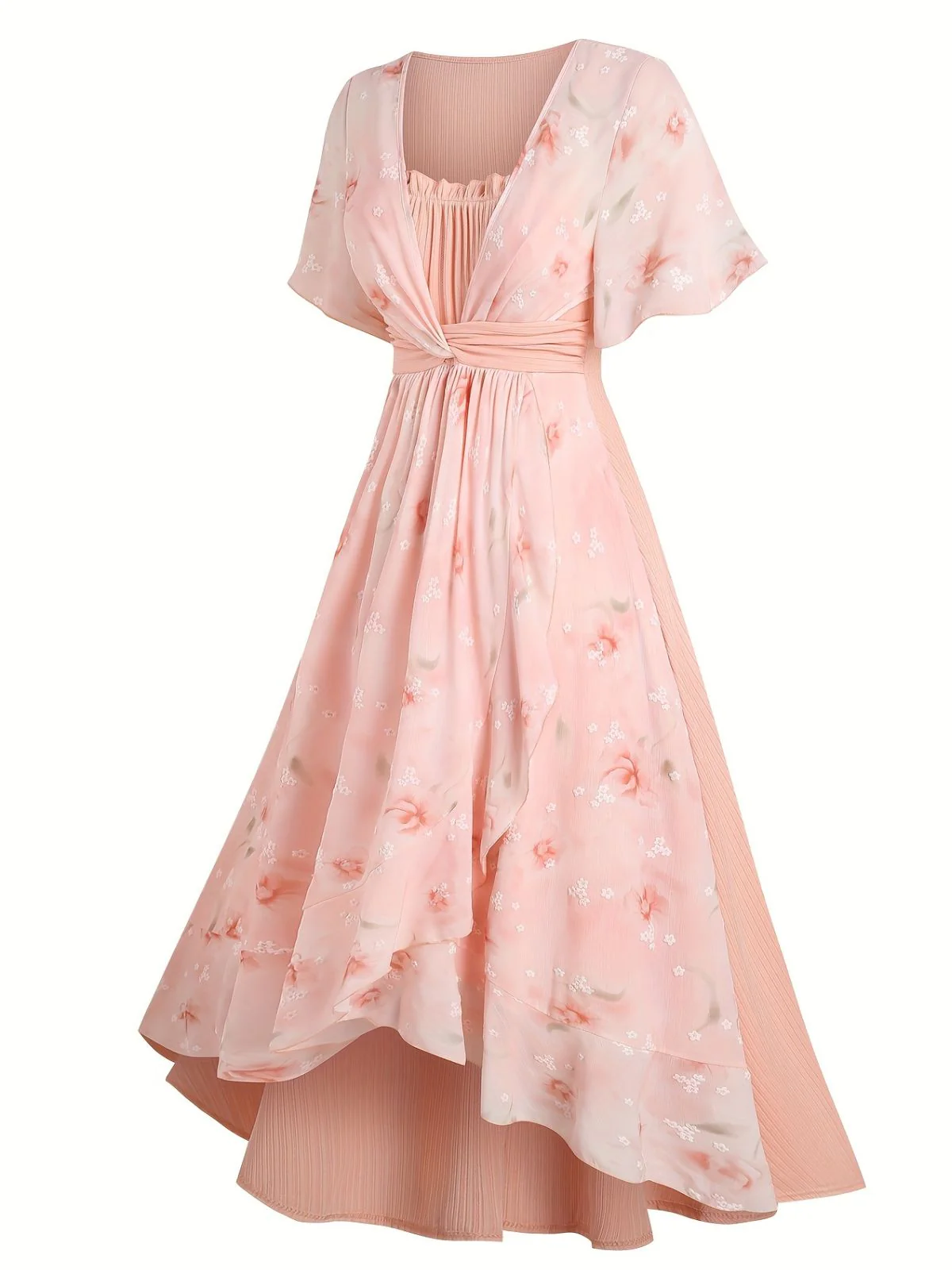 [Plus Size] Pink 1970s Floral Ruffled Irregular Hem Dress - Image 3