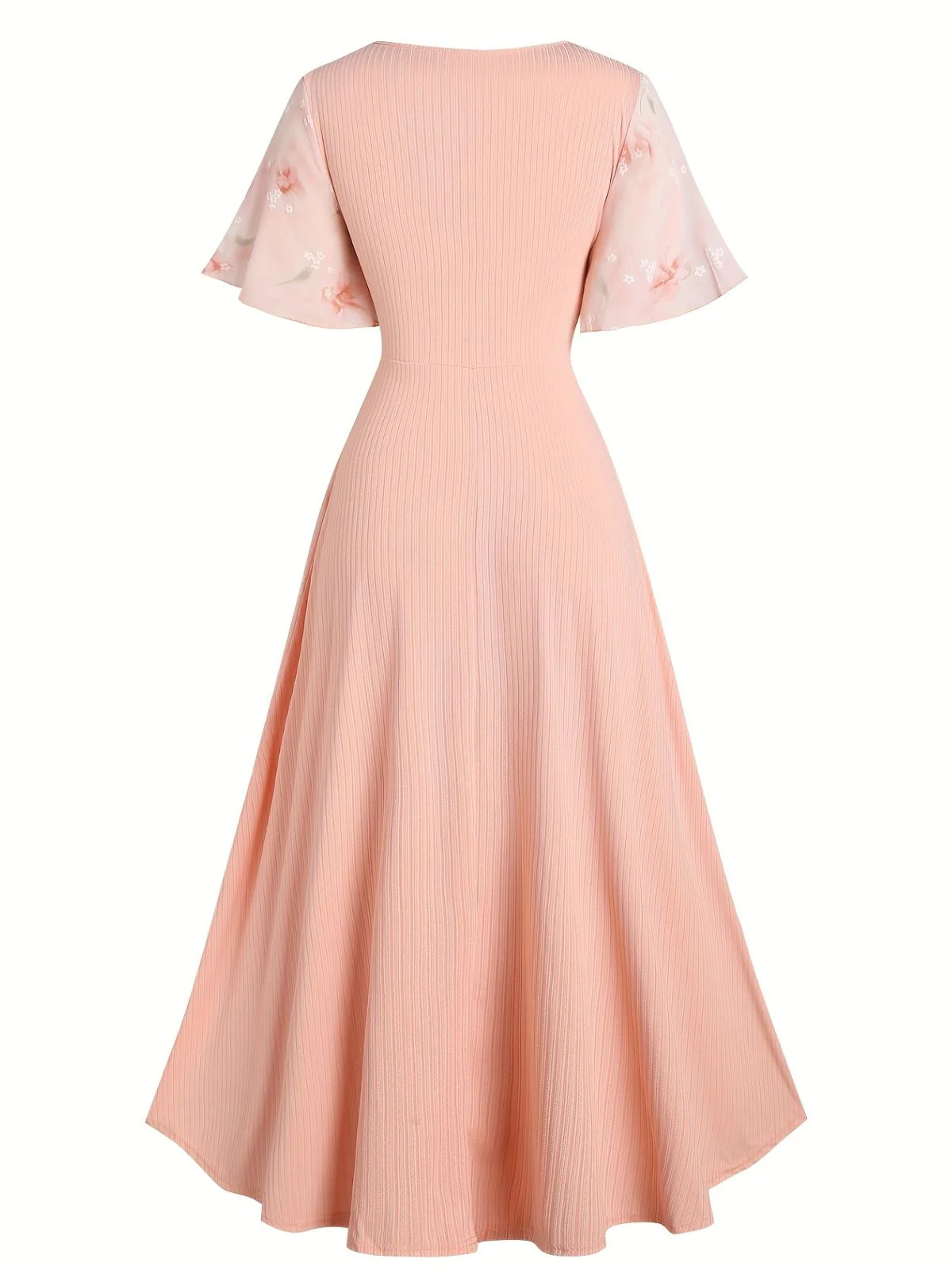 [Plus Size] Pink 1970s Floral Ruffled Irregular Hem Dress - Image 4
