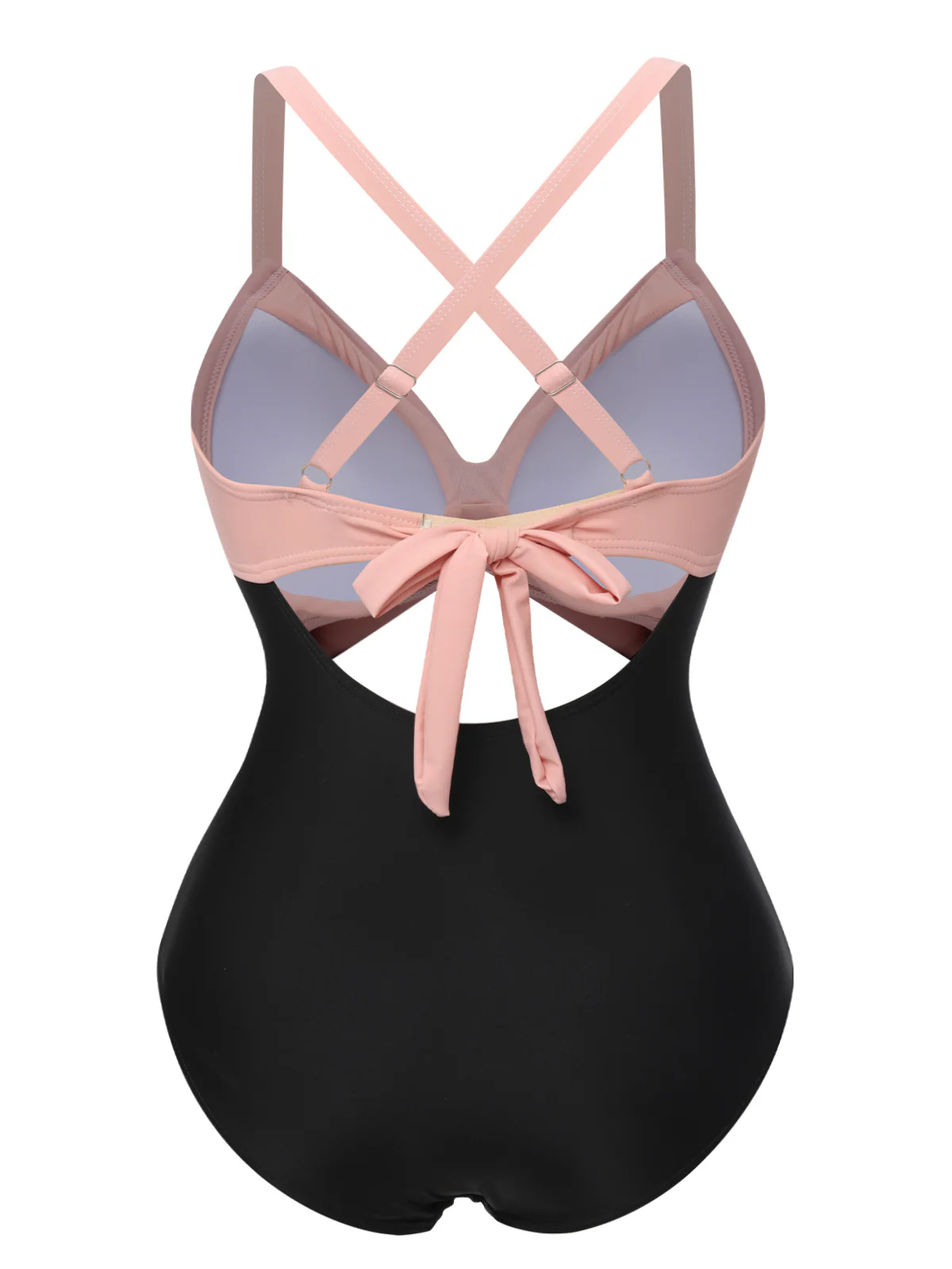 [Plus Size] Pink & Black 1940s Hollow Waist Patchwork Swimsuit - Image 2