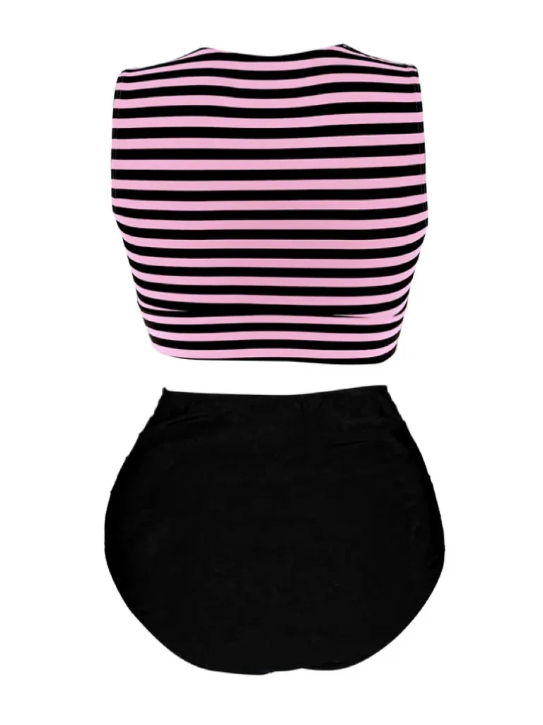 [Plus Size] Pink & Black 1970s Striped Waist Tie Patchwork Swimsuit - Image 2