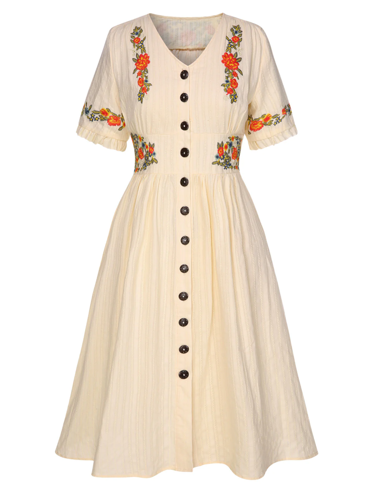 [Plus Size] Pure Cotton Beige 1940s V-Neck Floral Dress - Image 2