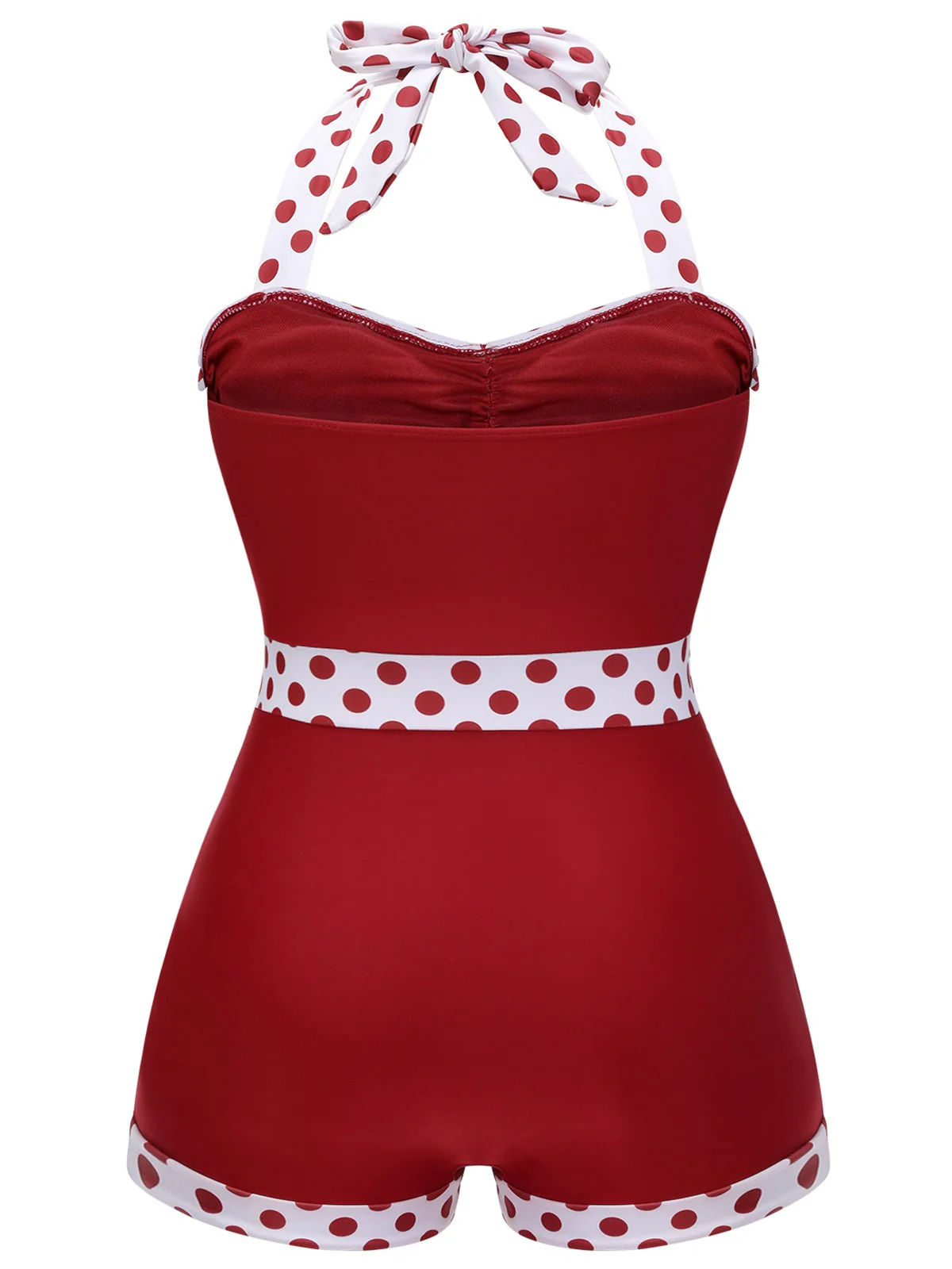 [Plus Size] Red 1940s Dots Patchwork Halter Swimsuit - Image 2