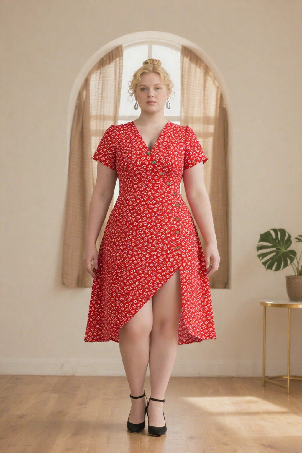 [Plus Size] Red 1940s Floral V-Neck Added Button Dress - Image 2