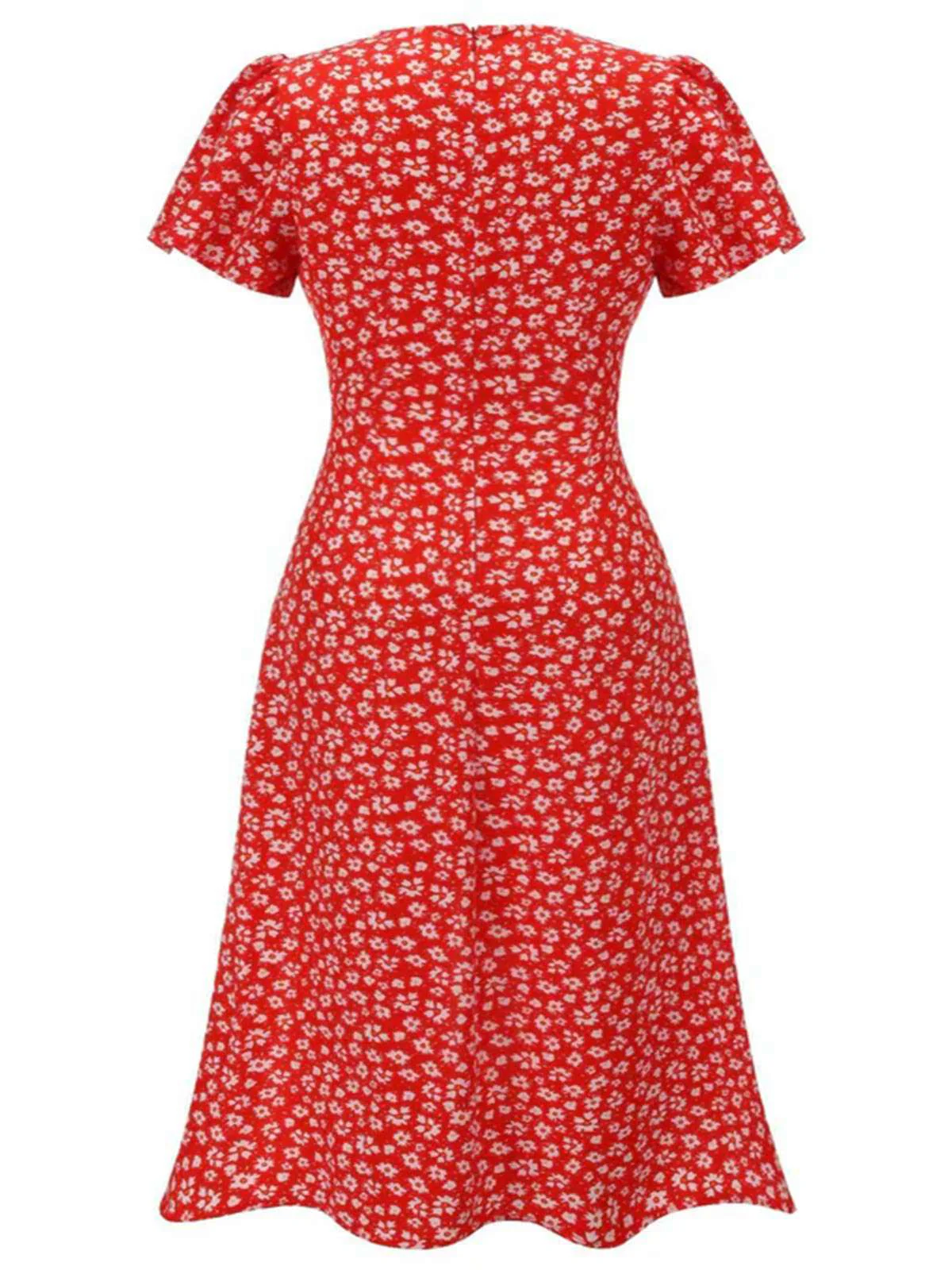 [Plus Size] Red 1940s Floral V-Neck Added Button Dress - Image 3