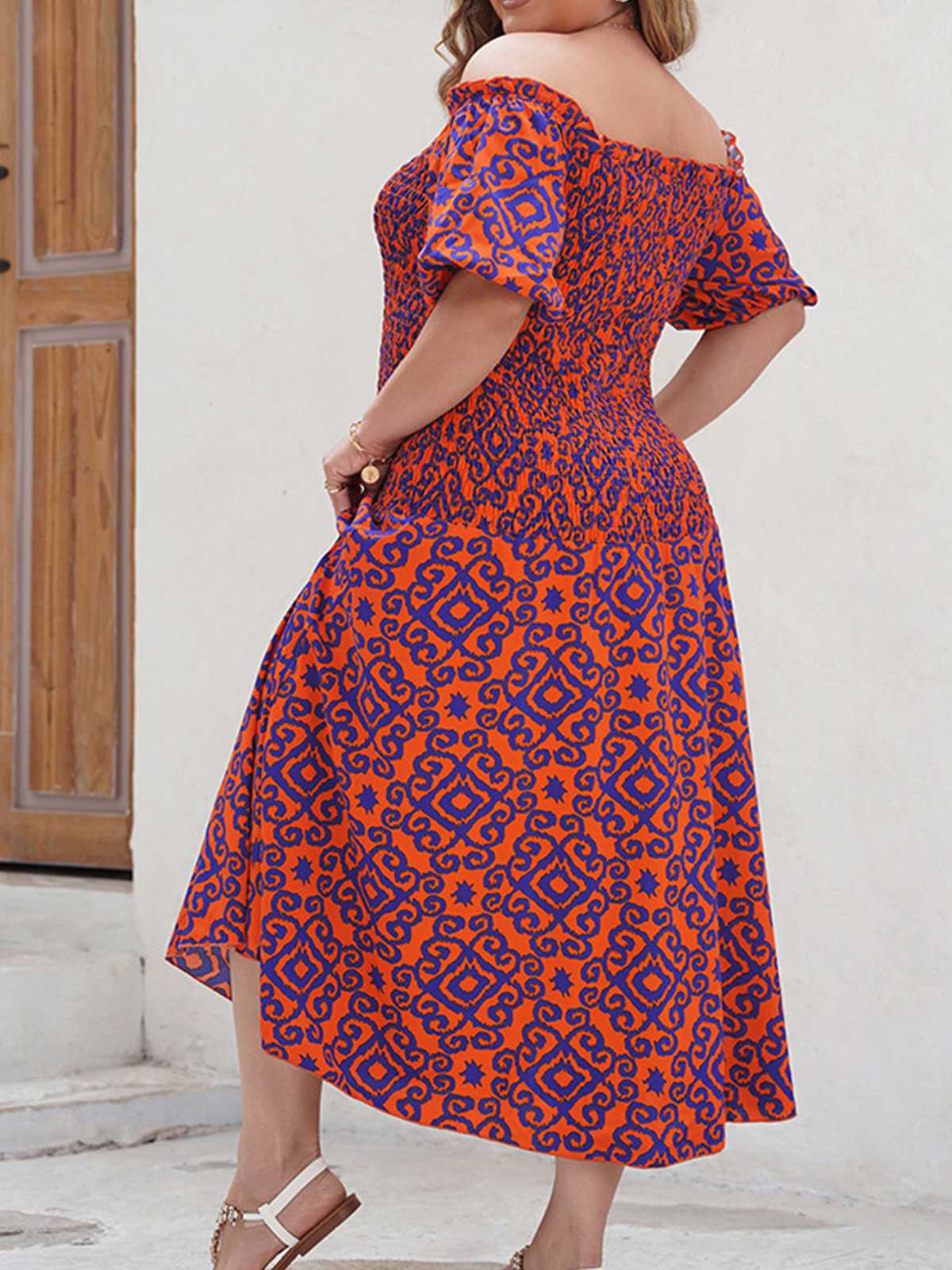 [Plus Size] Red 1940s Off-Shoulder Printed Dress - Image 3