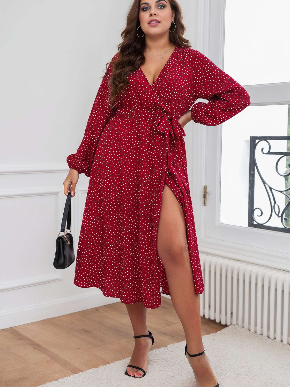 [Plus Size] Red 1940s V-Neck Polka Dot Lace-Up Dress - Image 2