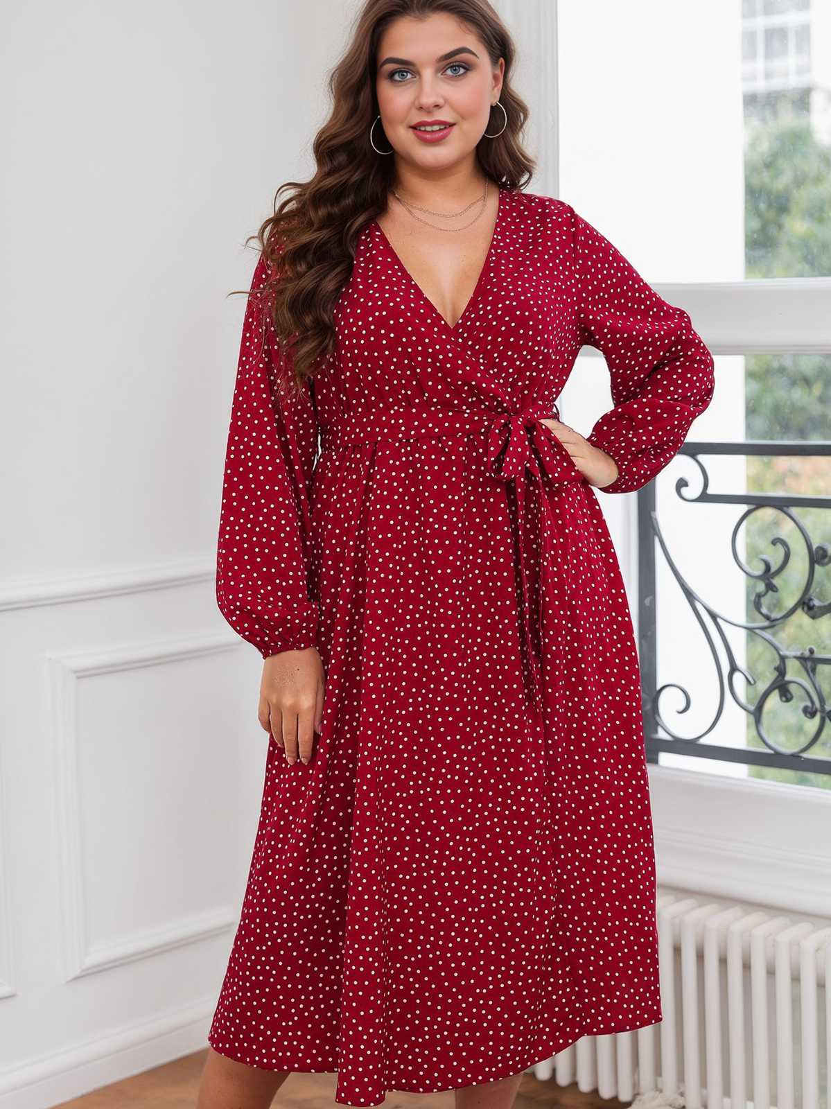 [Plus Size] Red 1940s V-Neck Polka Dot Lace-Up Dress - Image 3