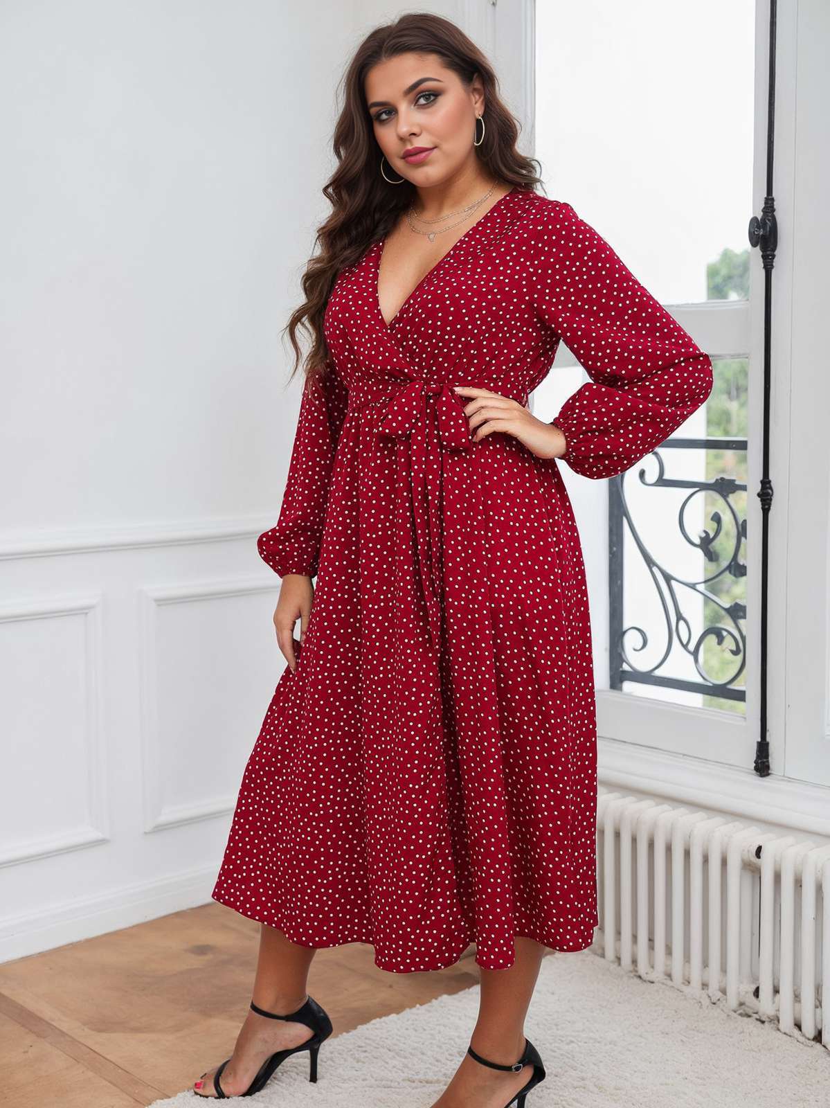 [Plus Size] Red 1940s V-Neck Polka Dot Lace-Up Dress - Image 4