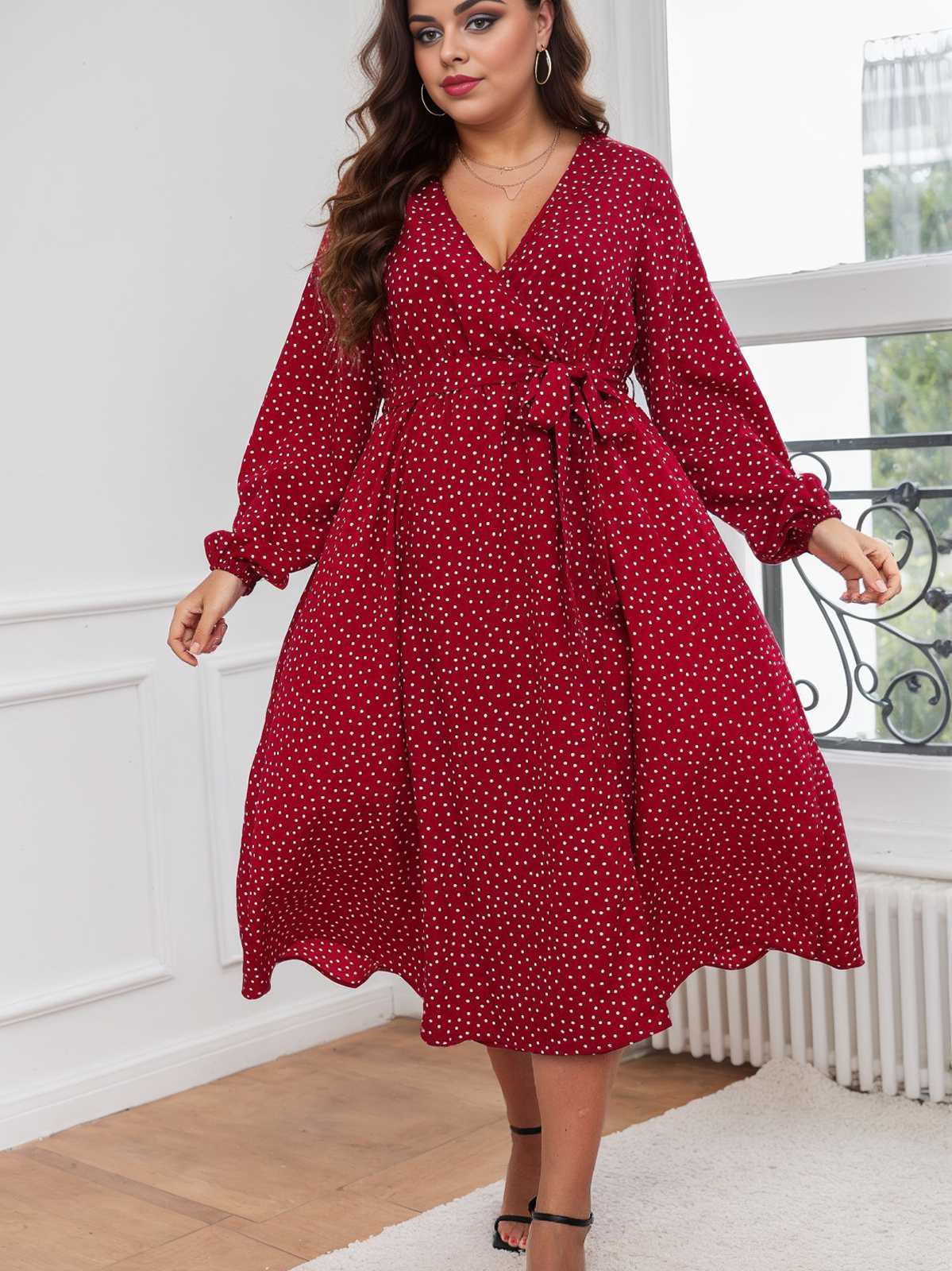 [Plus Size] Red 1940s V-Neck Polka Dot Lace-Up Dress - Image 5