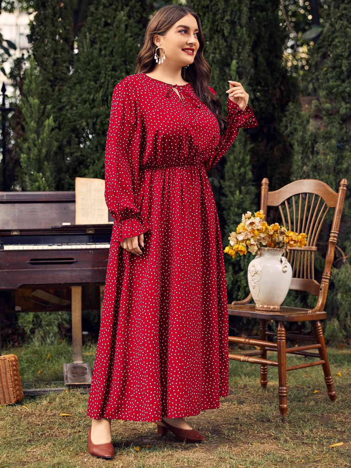 [Plus Size] Red 1950s Bishop Polka Dots Dress - Image 2