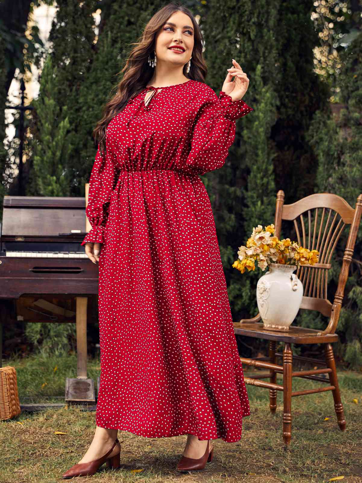 [Plus Size] Red 1950s Bishop Polka Dots Dress - Image 3