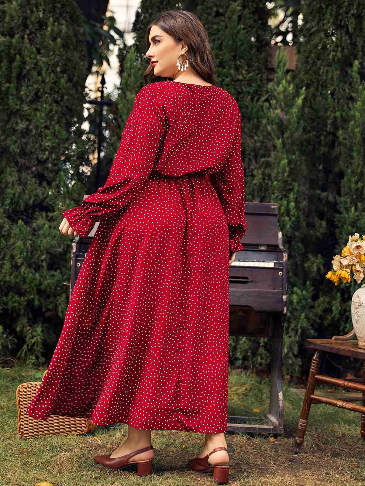 [Plus Size] Red 1950s Bishop Polka Dots Dress - Image 4