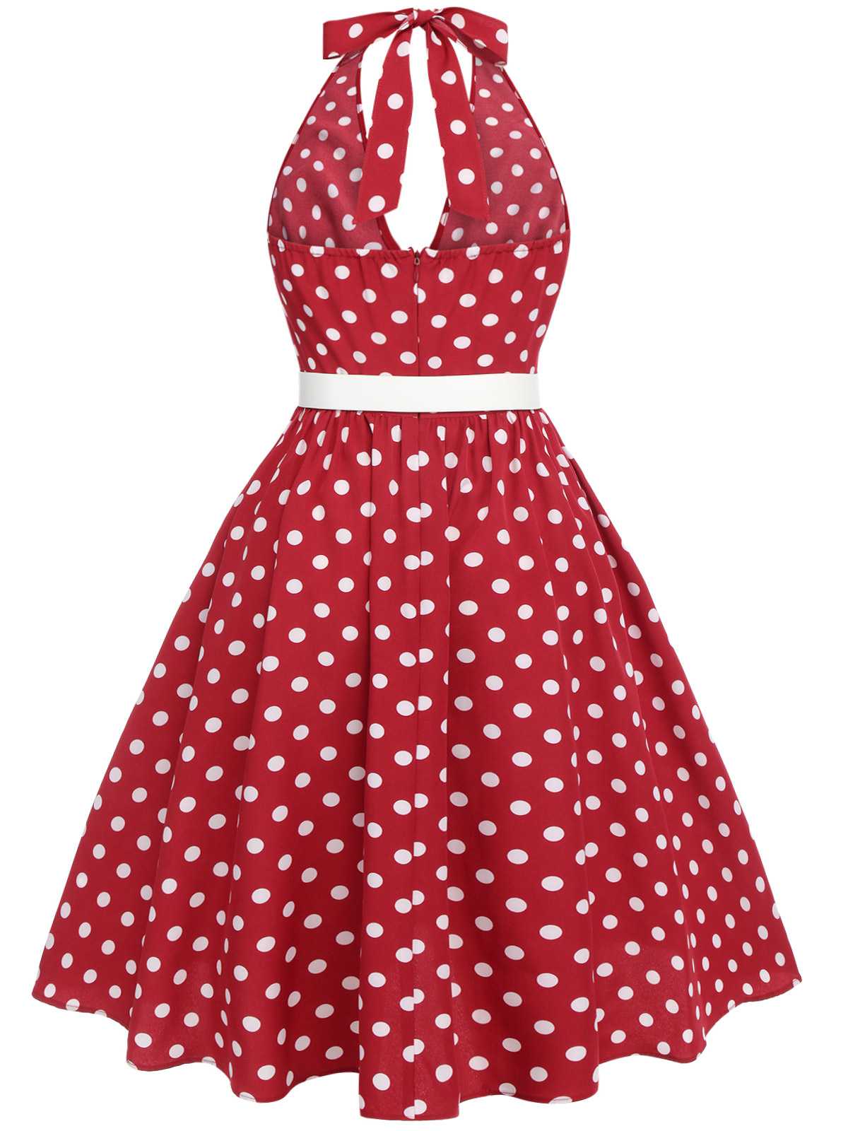 [Plus Size] Red 1950s Polka Dot Halter Dress - Image 3