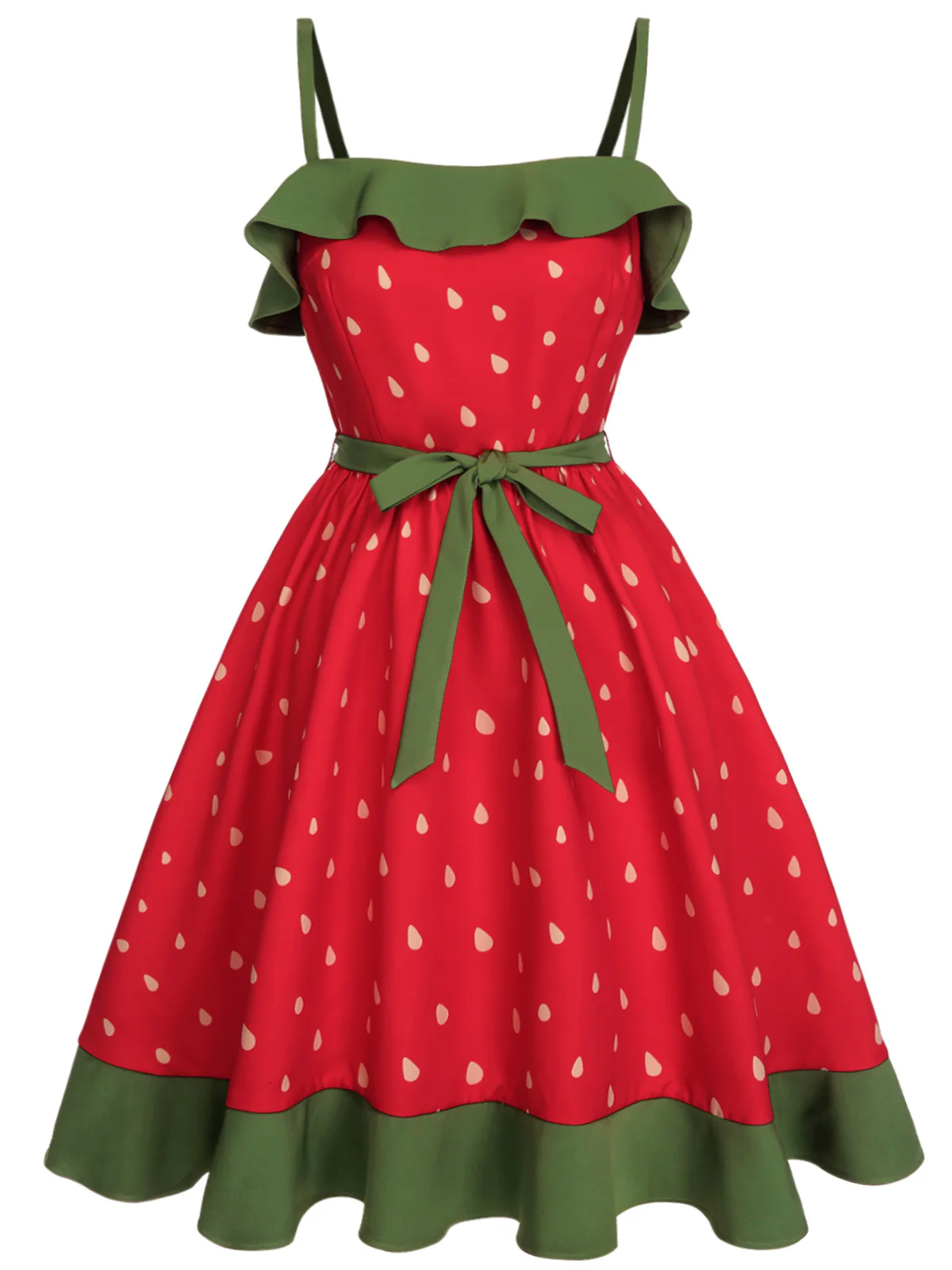 [Plus Size] Red 1950s Strawberry Ruffle Belt Dress - Image 2