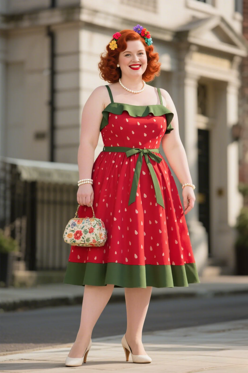 [Plus Size] Red 1950s Strawberry Ruffle Belt Dress - Image 2