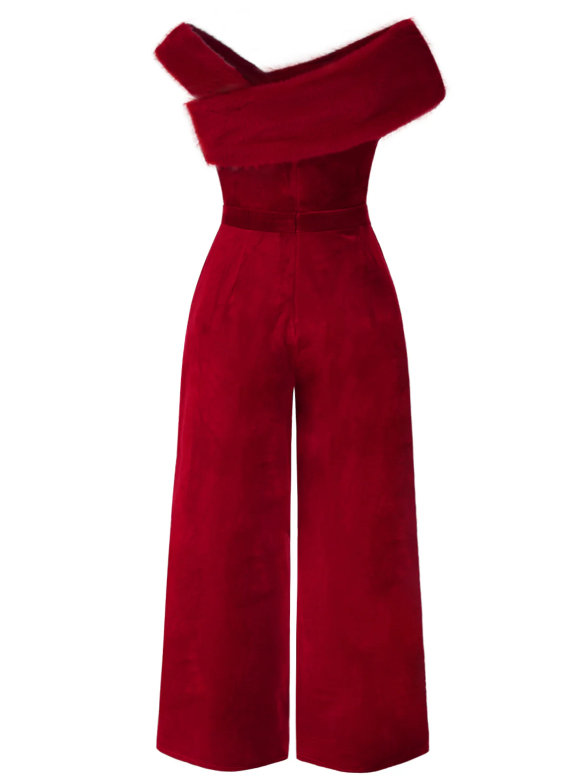 [Plus Size] Red 1950s Velvet Off Shoulder Button Jumpsuit - Image 2