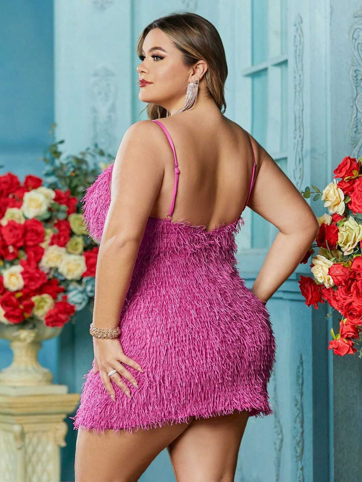[Plus Size] Rose Pink 1980s Fringed Spaghetti Strap Bodycon Dress - Image 2