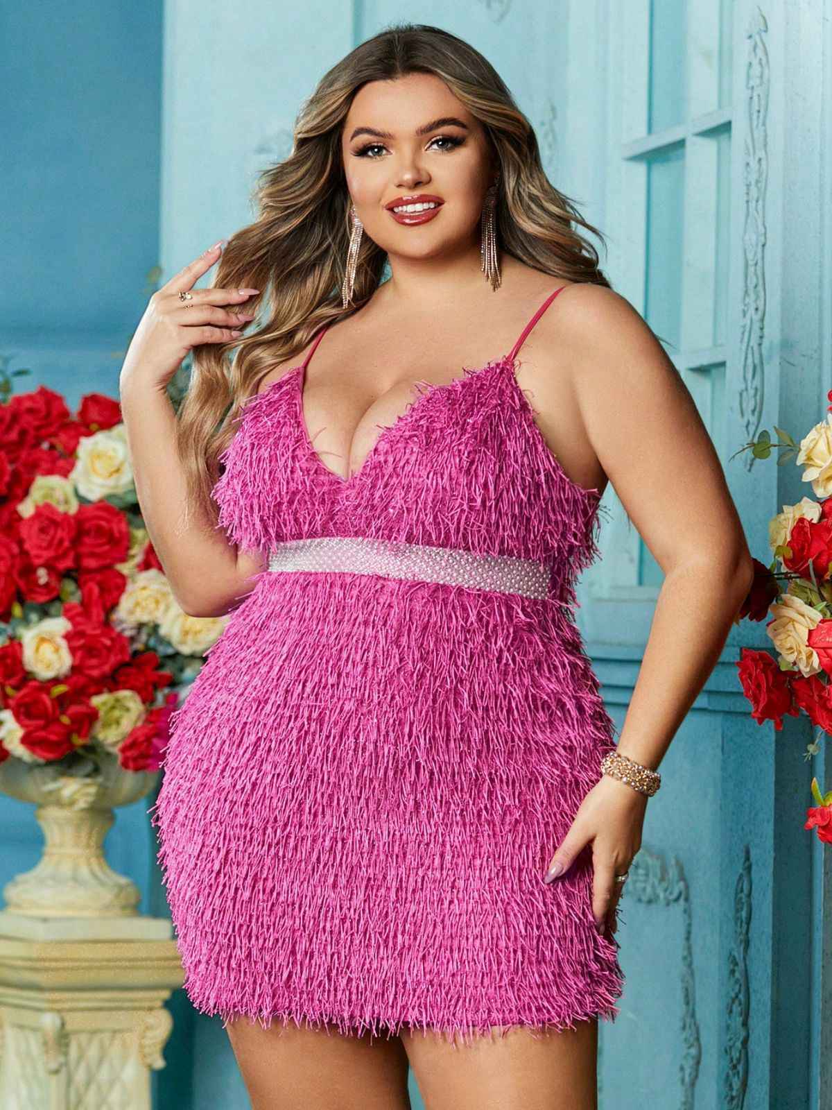 [Plus Size] Rose Pink 1980s Fringed Spaghetti Strap Bodycon Dress - Image 3