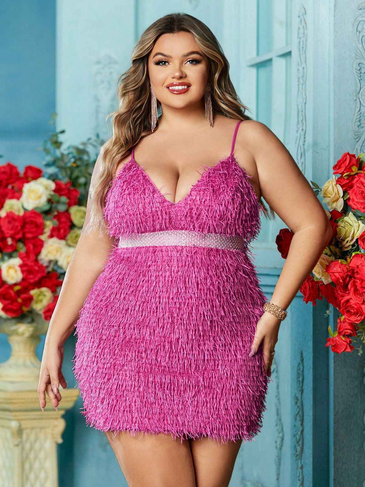 [Plus Size] Rose Pink 1980s Fringed Spaghetti Strap Bodycon Dress - Image 4