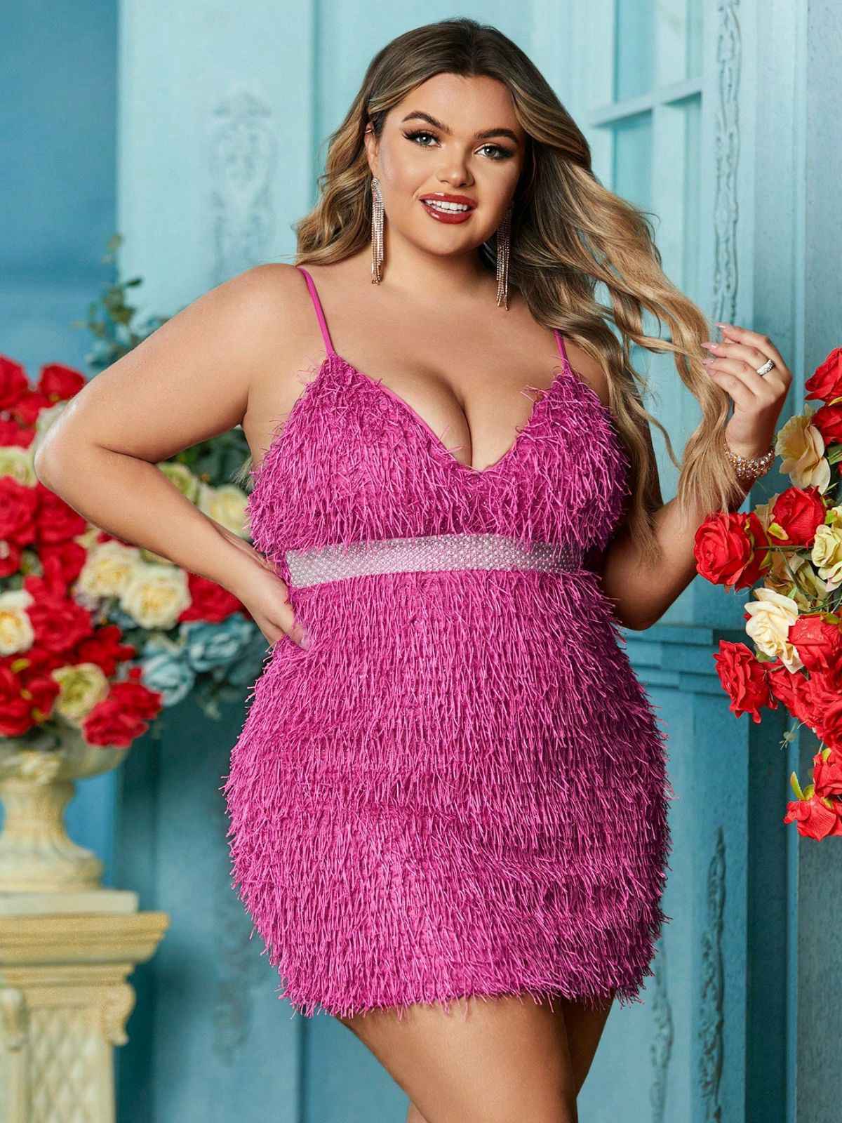 [Plus Size] Rose Pink 1980s Fringed Spaghetti Strap Bodycon Dress - Image 6