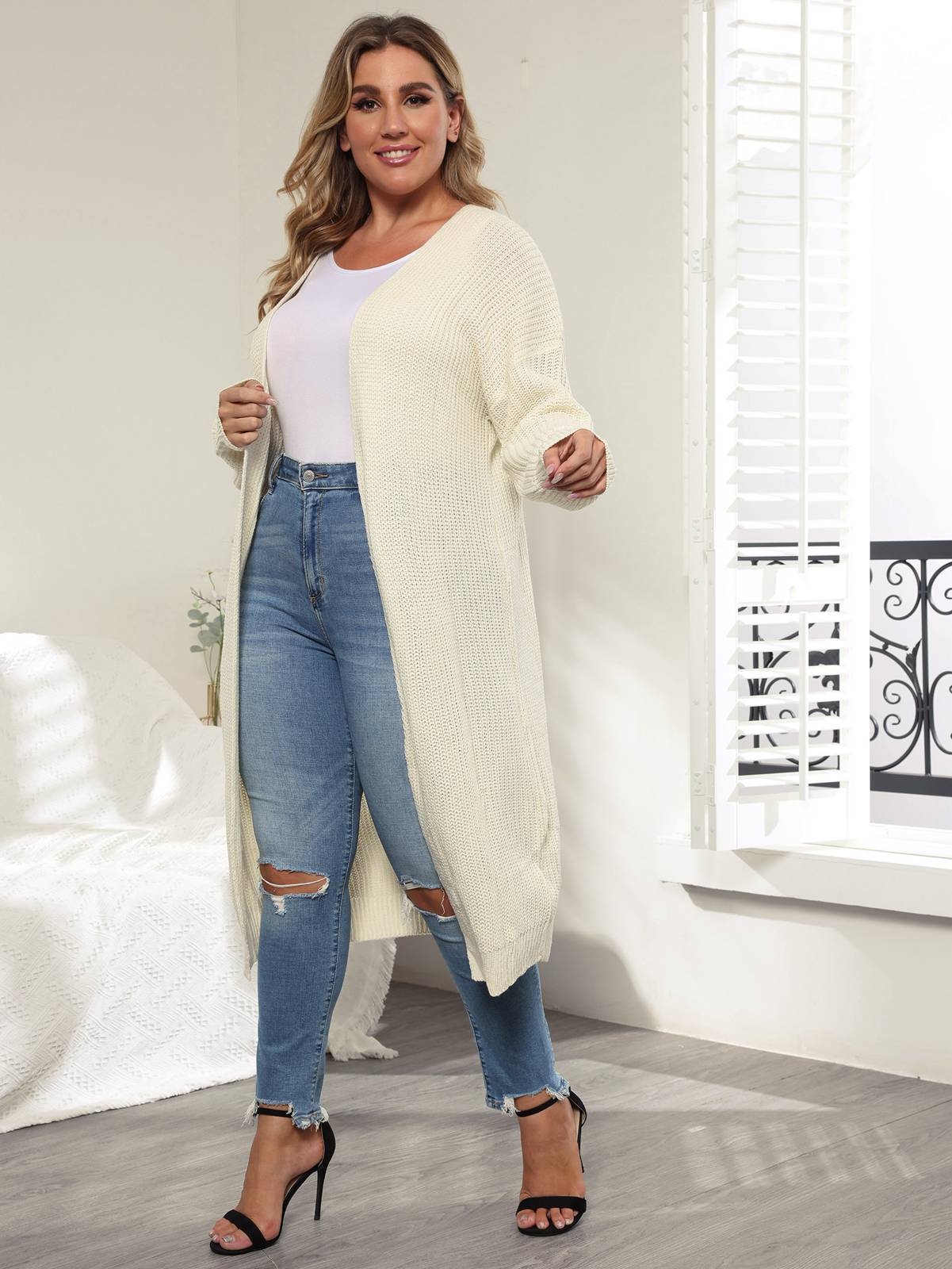 [Plus Size] Solid Color 1960s Knitted Long Cardigan - Image 11
