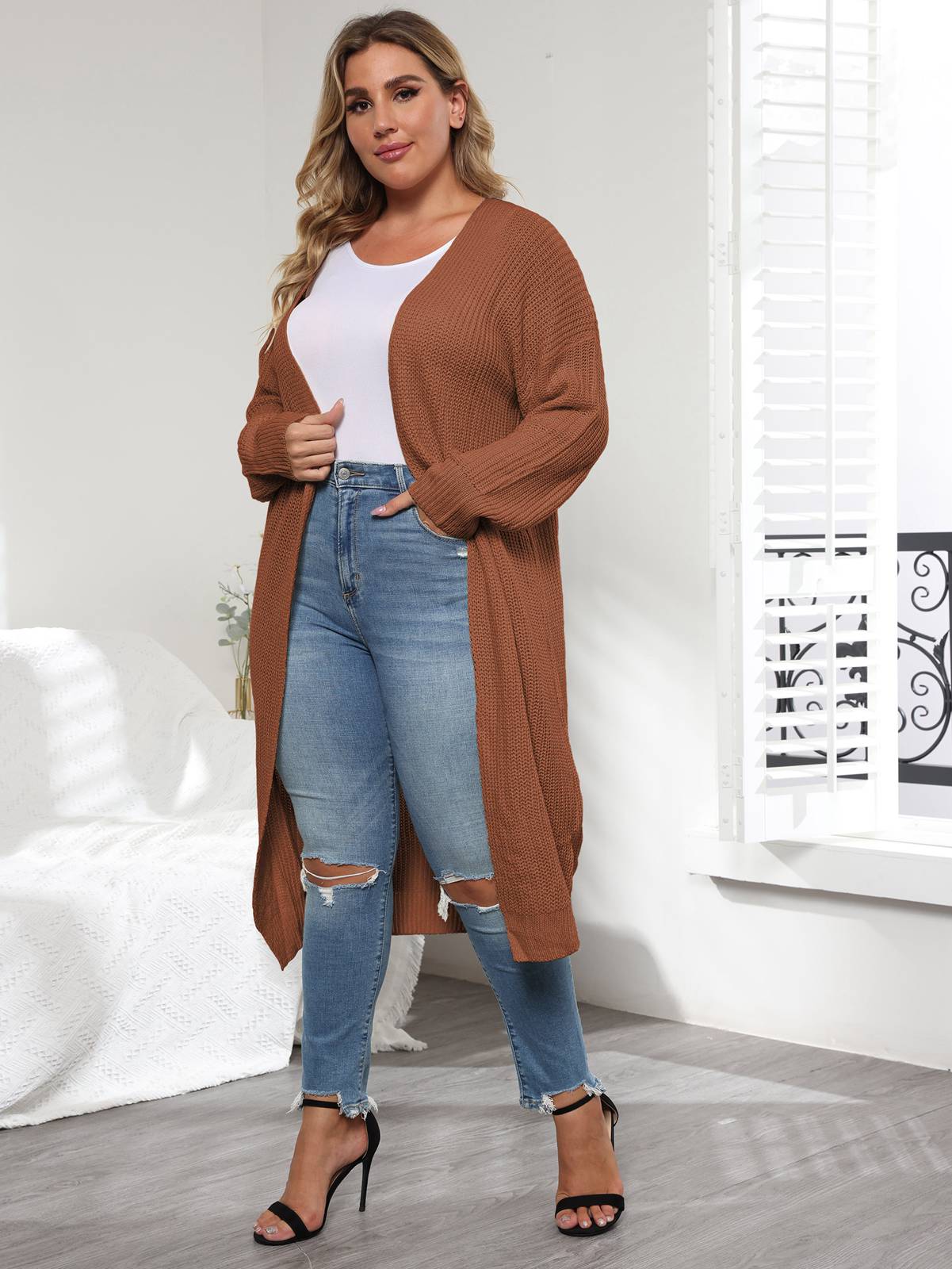 [Plus Size] Solid Color 1960s Knitted Long Cardigan - Image 2