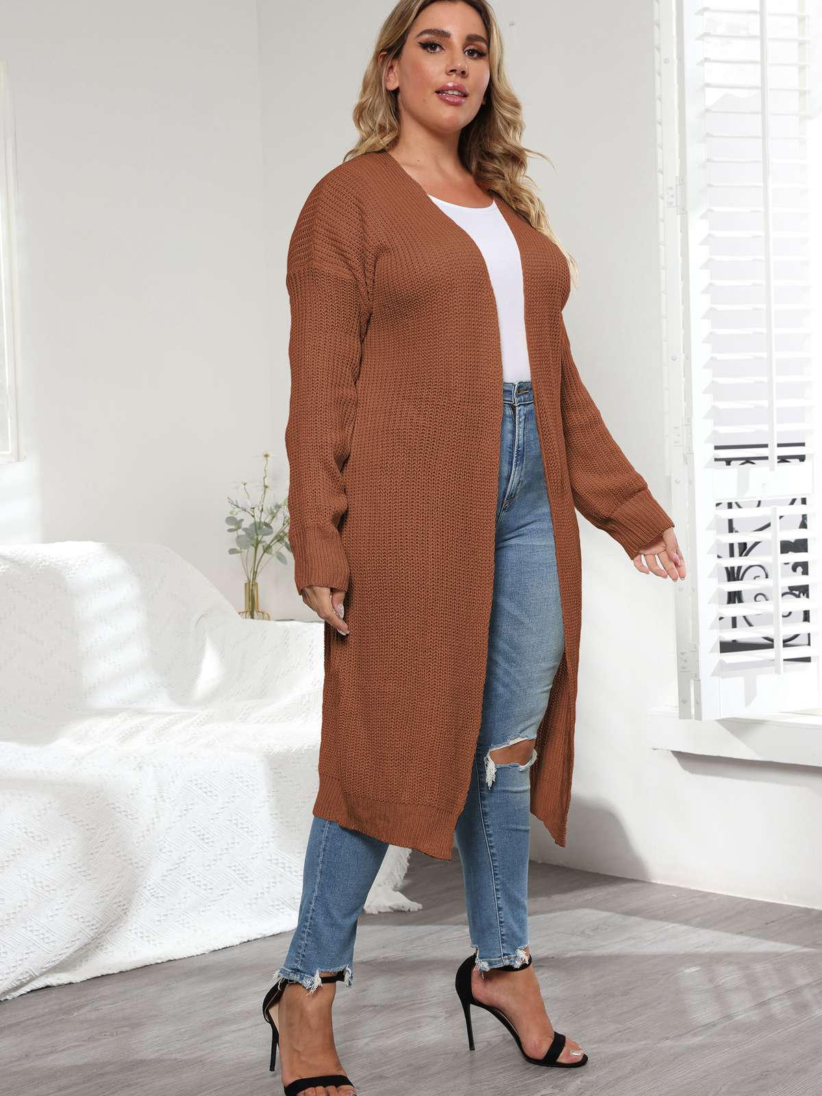 [Plus Size] Solid Color 1960s Knitted Long Cardigan - Image 3