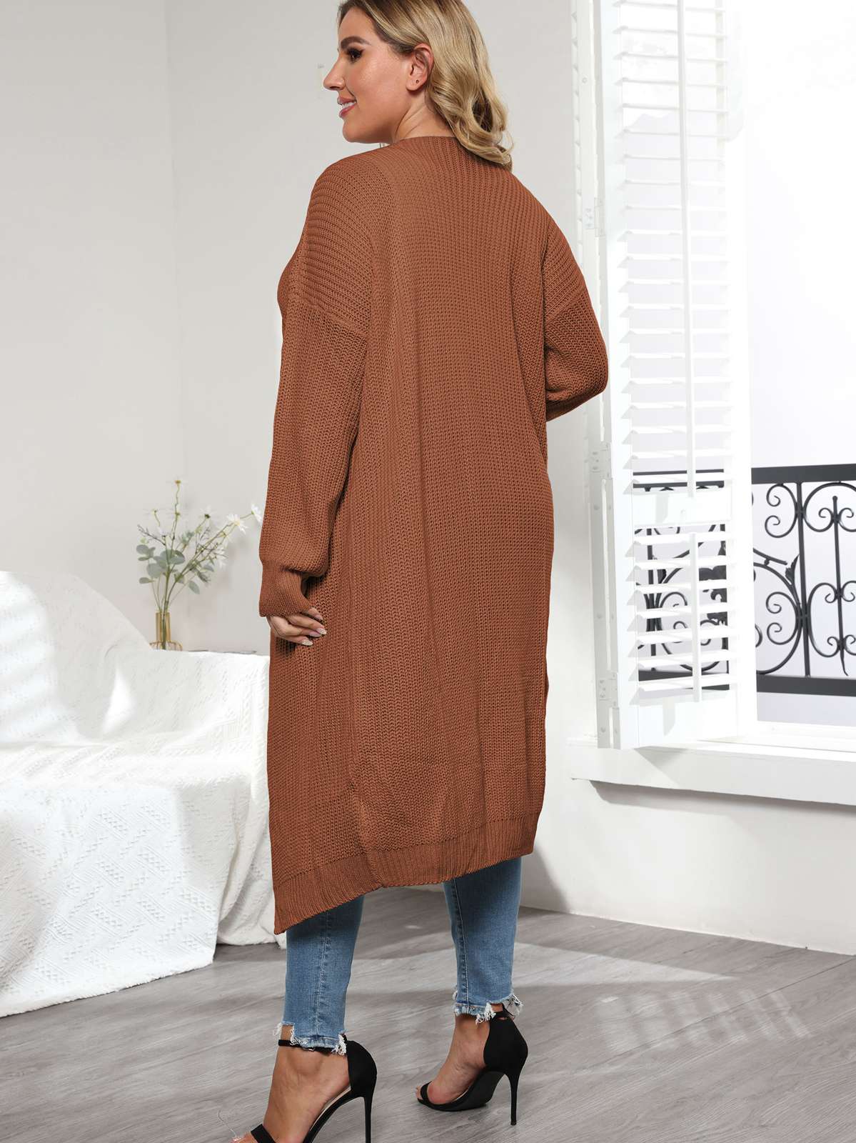 [Plus Size] Solid Color 1960s Knitted Long Cardigan - Image 4