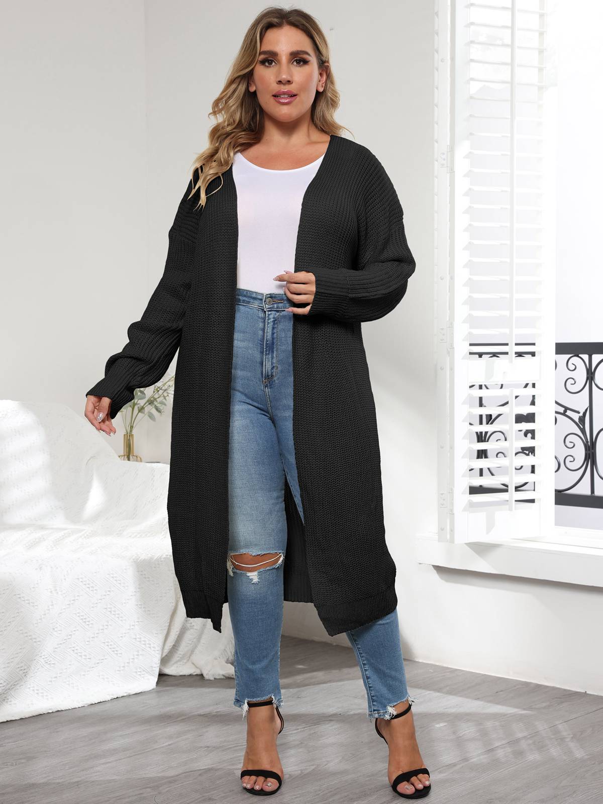 [Plus Size] Solid Color 1960s Knitted Long Cardigan - Image 5
